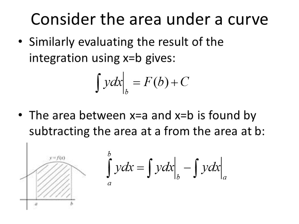 Consider the area under a curve Similarly evaluating the result of the integration using